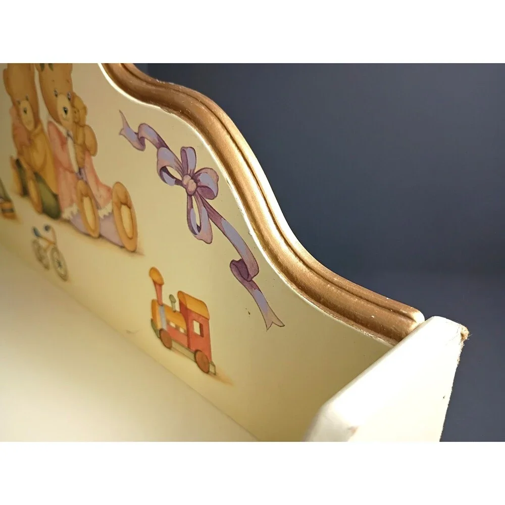 Vintage Wood Nursery Wall Shelf with Hang Pegs Teddy Bears Train Trike Boat